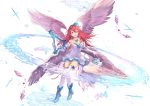  1girl :d angel angel_wings armband armpit_peek bangs bare_shoulders beige_wings blue_boots blue_eyes blue_flower blue_ribbon boots braid breasts cleavage collarbone crown_braid dress elbow_gloves feathered_wings floating_hair flower full_body fuuro_(johnsonwade) gem gloves hair_between_eyes hair_flower hair_ornament harp holding_instrument instrument jewelry long_hair looking_at_viewer musical_note open_mouth original pendant pink_ribbon quaver quaver_rest redhead ribbon smile solo strapless strapless_dress thigh-highs white_dress white_gloves white_legwear wings 