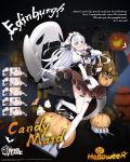  1girl alternate_costume apron azur_lane blue_eyes blush braid candy character_name closed_eyes copyright_name edinburgh_(azur_lane) edinburgh_(candy_maid)_(azur_lane) english_commentary english_text expressions eyebrows_visible_through_hair food french_braid ghost gold_bar halloween halloween_costume highres jack-o&#039;-lantern jacknavy maid maid_apron maid_headdress official_art open_mouth pumpkin round_eyewear side_braids smile solo surprised thigh-highs white_apron white_hair 