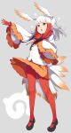  1girl :o bangs black_hair blunt_bangs crested_ibis_(kemono_friends) full_body gamuo gloves gradient_hair hand_on_own_chest head_wings highres japari_symbol kemono_friends long_sleeves mary_janes multicolored_hair music open_mouth pantyhose pleated_skirt red_gloves red_legwear redhead shirt shoes simple_background singing skirt solo tail two-tone_hair white_hair white_shirt yellow_eyes 