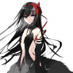 10s 1girl absurdres akemi_homura akuma_homura bare_shoulders black_hair breasts choker elbow_gloves expressionless gloves hair_ribbon highres long_hair looking_at_viewer low-cut mahou_shoujo_madoka_magica mahou_shoujo_madoka_magica_movie misteor red_ribbon ribbon side_slit small_breasts solo violet_eyes white_background 