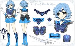  1girl alternate_eye_color artist_name bishoujo_senshi_sailor_moon black_bow blue_boots blue_choker blue_hair blue_sailor_collar blue_skirt boots bow brooch character_name character_sheet dark_mercury earrings elbow_gloves gloves grey_eyes jewelry knee_boots looking_at_viewer magical_girl mizuno_ami multiple_persona multiple_views pretty_guardian_sailor_moon sailor_mercury shirataki_kaiseki short_hair skirt smile standing tiara white_background white_gloves 