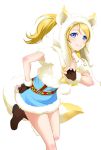  1girl animal_ears animal_hood ayase_eli blonde_hair blue_dress blue_eyes boots brown_boots brown_gloves dress fake_animal_ears fingerless_gloves fox_ears fox_tail gloves hand_on_hip hood leaning_forward long_hair looking_at_viewer love_live! love_live!_school_idol_project one_leg_raised ponytail shiny shiny_skin short_dress smile solo standing tail transparent_background 