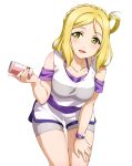 1girl :d blonde_hair collarbone cowboy_shot grey_shorts hand_on_lap highres holding leaning_forward long_hair looking_at_viewer love_live! love_live!_sunshine!! ohara_mari open_mouth purple_shirt shirt short_shorts shorts sleeveless sleeveless_shirt smile solo standing transparent_background watch watch white_shirt yellow_eyes 