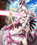  1girl armor armored_dress artist_request bikini_armor castle city gauntlets glowing glowing_sword glowing_weapon helmet luminous_knight navel official_art open_mouth petals pink_eyes revealing_clothes ribbon shadowverse shoulder_armor sword two-handed_sword weapon white_hair 