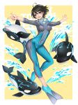  1girl ahoge aqua_eyes black_hair breasts covered_navel erect_nipples flippers full_body highres looking_at_viewer masami_chie official_art orca outstretched_arms short_hair small_breasts smile tokyo_exe_girls water wetsuit 