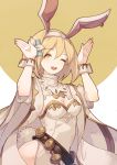  1girl ;d animal_ears belt blonde_hair breasts bunny_girl bunny_pose bunny_tail bunnysuit cape cleavage djeeta_(granblue_fantasy) fake_animal_ears flower granblue_fantasy hair_flower hair_ornament hairband highres jewelry leotard looking_at_viewer medium_breasts one_eye_closed open_mouth rabbit_ears sage_(granblue_fantasy) sho_(gohan) short_hair simple_background single_earring smile solo tail wrist_cuffs 
