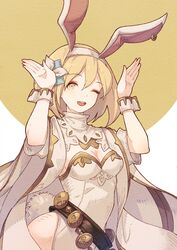  1girl ;d animal_ears belt blonde_hair breasts bunny_girl bunny_pose bunny_tail bunnysuit cape cleavage djeeta_(granblue_fantasy) fake_animal_ears flower granblue_fantasy hair_flower hair_ornament hairband highres jewelry leotard looking_at_viewer medium_breasts one_eye_closed open_mouth rabbit_ears sage_(granblue_fantasy) sho_(gohan) short_hair simple_background single_earring smile solo tail wrist_cuffs 