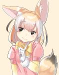  1girl animal_ears blonde_hair blush bow brown_hair eyebrows_visible_through_hair fennec_(kemono_friends) finger_to_chin fox_ears fox_tail gloves gradient_hair half-closed_eyes highres kemono_friends looking_to_the_side multicolored_hair pink_lips puffy_short_sleeves puffy_sleeves sakoku_(rh_ty_ks) short_hair short_sleeves smile solo tail two-tone_hair upper_body 