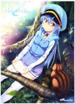  1girl against_tree black_hair book hat holding holding_book island_(game) kuuchuu_yousai logo long_hair long_sleeves official_art ohara_rinne open_book outdoors sitting smile solo squiggle thigh-highs tree white_legwear yellow_eyes 