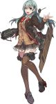  1girl bow_(weapon) cardigan crossbow flight_deck full_body kantai_collection konishi_(koconatu) official_art open_mouth remodel_(kantai_collection) school_uniform suzuya_(kantai_collection) thigh-highs torn_clothes transparent_background weapon 