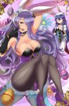  2girls :d anger_vein animal_ears armpits bare_shoulders black_gloves black_legwear blue_eyes blush breast_envy breasts bunny_girl bunny_tail bunnysuit camilla_(fire_emblem_if) cleavage detached_collar easter easter_egg egg fake_animal_ears fire_emblem fire_emblem:_kakusei fire_emblem_heroes fire_emblem_if flat_chest gloves hands_on_own_chest high_heels highres large_breasts legs leotard lips long_hair looking_at_viewer lucina magister_(medical_whiskey) multiple_girls open_mouth pantyhose purple_hair rabbit_ears smile tail teeth thighs very_long_hair 