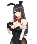  1girl alternate_costume animal_ears bangs bare_shoulders black_gloves black_hair blush bow bowtie breasts bunnysuit cleavage covered_navel cowboy_shot fake_animal_ears fishnet_pantyhose fishnets fusou_(kantai_collection) gloves highres kantai_collection long_hair looking_at_viewer medium_breasts pantyhose rabbit_ears red_bow red_bowtie red_eyes sidelocks smile solo swept_bangs taka_(vert_320) 