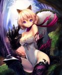  1girl :&lt; animal_ears armor armored_boots artist_request bare_shoulders blonde_hair boots claws eyebrows_visible_through_hair forest gem knee_up leotard nature official_art paws scarf shadowverse short_hair sitting skindentation tail torn_clothes underbrush_beast_girl violet_eyes 