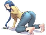  1girl all_fours angelo_(gomahangetsu) ass barefoot blue_eyes blue_hair blush breasts denim feet gundam gundam_build_fighters highres iori_rinko jeans large_breasts long_hair looking_at_viewer looking_back low_ponytail milf one_eye_closed pants ponytail ribbed_sweater simple_background smile soles solo sweater toes turtleneck turtleneck_sweater white_background 