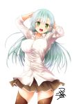  1girl breasts brown_legwear brown_skirt green_eyes green_hair kantai_collection large_breasts long_hair long_sleeves open_mouth pleated_skirt shirt signature simple_background skirt smile solo suzuya_(kantai_collection) thigh-highs white_background white_shirt yua_(checkmate) 