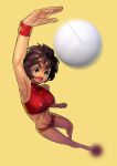  1girl absurdres breasts brown_eyes brown_hair fengmo highres jumping midair muscle navel original short_hair simple_background solo thighs toned volleyball yellow_background 