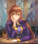  1girl ahoge blush brown_eyes brown_hair chin_rest coin hair_between_eyes highres kono_subarashii_sekai_ni_shukufuku_wo! light_smile long_hair looking_at_viewer potion smile solo vial window wiz_(konosuba) yahiro_(666131415) 