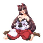  1girl animal_ears arms_behind_back bare_shoulders bdsm blush bondage bound bound_arms breasts brown_shoes cleavage collarbone dress fangs full_body hair_between_eyes imaizumi_kagerou large_breasts long_hair long_sleeves looking_at_viewer nose_blush off-shoulder_dress off_shoulder ootsuki_wataru open_mouth red_eyes restrained shibari shibari_over_clothes shoes sitting solo sweat tail touhou very_long_hair wariza wide_sleeves wolf_ears wolf_girl wolf_tail 