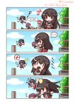  ... 3girls 4koma :o aircraft airplane akagi_(kantai_collection) black_hair blue_sky blush_stickers brown_eyes clouds comic day eating fairy_(kantai_collection) fairy_wings fox hammer highres japanese_clothes kaga_(kantai_collection) kantai_collection lilywhite_lilyblack multiple_girls muneate open_mouth sky spitting spoken_ellipsis spoken_x translation_request tree twitter_username wand well wings 