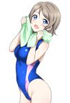  1girl bare_shoulders blue_eyes blush breasts brown_hair commentary_request competition_swimsuit covered_navel eyebrows_visible_through_hair highres looking_at_viewer love_live! love_live!_sunshine!! medium_breasts one-piece_swimsuit open_mouth rozen5 shiny shiny_clothes shiny_hair short_hair simple_background smile solo standing swimsuit towel toweling_off watanabe_you wet white_background 