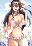  1girl aircraft airplane bikini black_hair breasts hair_ornament hairband hairclip haruna_(kantai_collection) hizagawa_rau kantai_collection large_breasts long_hair open_mouth sketch smile solo splashing swimsuit white_bikini 