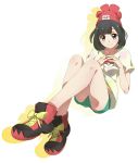  1girl bangs bare_legs beanie black_hair blue_eyes female_protagonist_(pokemon_sm) floral_print full_body green_shorts hat poke_ball pokemon pokemon_(game) pokemon_sm red_hat shirt shoes short_hair short_shorts short_sleeves shorts sneakers solo surfing_orange swept_bangs t-shirt tied_shirt 