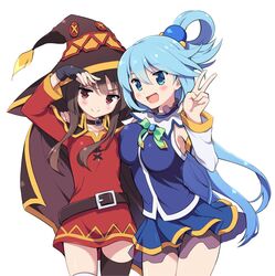  &gt;:) 2girls :d aqua_(konosuba) bare_shoulders black_hair black_legwear blue_eyes blue_hair blush breasts cape detached_sleeves fingerless_gloves flat_chest gloves hair_ornament hair_rings hat kono_subarashii_sekai_ni_shukufuku_wo! large_breasts long_hair megumin multiple_girls odawara_hakone open_mouth red_eyes short_hair skirt smile thigh-highs v very_long_hair witch_hat 