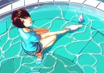  1girl bird blue_shirt brown_eyes brown_hair denim denim_shorts dove downblouse fountain from_above highres looking_at_viewer make_days open_mouth original outstretched_arm sandals shirt shorts solo wading water 