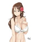 1girl amagi_(kantai_collection) bikini blush breasts brown_eyes brown_hair cleavage closed_mouth collarbone flower hair_between_eyes hair_flower hair_ornament halter_top halterneck kantai_collection large_breasts long_hair looking_at_viewer mole mole_under_eye navel ponytail smile solo stomach swimsuit taka_(vert_320) upper_body white_bikini 