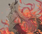 1girl :q bare_shoulders breasts closed_mouth copyright_name cowboy_shot dragon_girl dragon_horns dragon_tail eyebrows_visible_through_hair fire from_side grey_background highres horns kobayashi-san_chi_no_maidragon long_hair long_sleeves looking_at_viewer looking_to_the_side medium_breasts no_pants off_shoulder orange_eyes scales shirt sidelocks simple_background smile solo standing tail tonee tongue tongue_out tooru_(maidragon) very_long_hair 