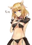  1girl animal_ears arm_behind_back arm_up armpits bangs bare_arms black_choker blonde_hair blue_eyes breasts cat_ears choker cleavage closed_mouth commentary_request copyright_name cowboy_shot eyelashes final_fantasy final_fantasy_xiv finger_to_mouth gluteal_fold groin heterochromia highres index_finger_raised long_hair looking_at_viewer medium_breasts miqo&#039;te mole mole_under_eye navel simple_background smile solo stomach text under_boob violet_eyes whisker_markings white_background yok01 