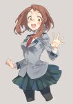  1girl :d black_legwear blazer boku_no_hero_academia brown_eyes brown_hair cropped_legs jacket necktie open_mouth pantyhose pleated_skirt school_uniform skirt smile toujou_sakana uraraka_ochako 