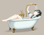  1girl barefoot bathtub black_hair dripping faucet grey_background looking_at_viewer lying meitei murasa_minamitsu neckerchief puffy_short_sleeves puffy_sleeves red_neckerchief see-through shirt short_hair short_sleeves shorts shower_head solo touhou water wet wet_clothes wet_hair white_shirt 