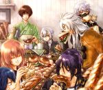  6+boys ^_^ baguette blonde_hair blue_eyes blue_hair bread brown_hair closed_eyes croissant cup eating food fox fudou_yukimitsu green_eyes hotarumaru ishikirimaru japanese_clothes kogitsunemaru male_focus midare_toushirou mouth_hold mug multiple_boys nakigitsune nakigitsune&#039;s_fox ponytail purple_hair sandwich sayo_samonji sunomata teacup teapot touken_ranbu twitter_username white_hair yellow_eyes 