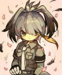  1girl :| ahoge bangs belt bird_tail bird_wings black_hair blonde_hair blush bodystocking breasts cherry_blossoms closed_mouth collared_shirt empty_eyes eyelashes facing_viewer feathered_wings feathers floating_hair gloves green_eyes grey_shirt hair_between_eyes head_wings highres kemono_friends long_hair looking_away looking_to_the_side low_ponytail multicolored_hair necktie petals pink_background pocket shirt shoebill_(kemono_friends) short_sleeves side_ponytail silver_belt silver_hair small_breasts solo standing tail upper_body white_necktie wind wings yukino_super 