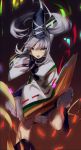 &gt;:d 1girl :d chromatic_aberration gradient gradient_background grey_eyes hat highres japanese_clothes kariginu long_hair long_sleeves looking_at_viewer mononobe_no_futo no-kan open_mouth ponytail ribbon shirt silver_hair skirt smile solo tate_eboshi touhou wide_sleeves 