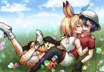  2girls ;d ^_^ animal_ears black_gloves black_hair black_legwear blonde_hair blue_eyes blue_sky blush boots bucket_hat closed_eyes clouds day elbow_gloves extra_ears face-to-face full_body gloves grass hand_on_another&#039;s_back happy hat hat_feather high-waist_skirt hug kaban kemono_friends lying multiple_girls nature on_stomach one_eye_closed open_mouth outdoors pantyhose print_gloves print_legwear print_skirt ray-k reclining red_shirt serval_(kemono_friends) serval_ears serval_print serval_tail shirt short_hair shorts skirt sky sleeveless sleeveless_shirt smile t-shirt tail thigh-highs yuri 
