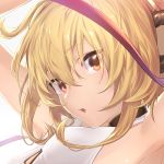  1girl anchira_(granblue_fantasy) arms_up bangs blonde_hair breasts brown_eyes close-up eyebrows_visible_through_hair granblue_fantasy grey_background hair_between_eyes looking_at_viewer monkey_ears open_mouth portrait ryokucha_(i_cobalt) simple_background small_breasts solo teeth upper_body 