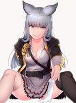  1girl alternate_costume animal_ears belt blue_eyes breasts cleavage erun_(granblue_fantasy) feathers granblue_fantasy highres jacket korwa long_hair looking_at_viewer parted_lips santa_(sunflower) silver_hair sitting smile solo spread_legs thigh-highs 