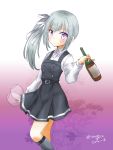  1girl bottle cup dated dress drinking_glass grey_hair hair_ribbon kantai_collection kasumi_(kantai_collection) pinafore_dress remodel_(kantai_collection) ribbon side_ponytail solo twitter_username violet_eyes wine_bottle wine_glass yanage_(yanagikai) 