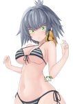  1girl 2017 artist_name bikini blush breasts cowboy_shot dated front-tie_top green_eyes grey_hair kemono_friends large_breasts looking_at_viewer medium_breasts navel shoebill_(kemono_friends) short_hair side-tie_bikini simple_background solo striped striped_bikini swimsuit twitter_username unel1211 white_background 