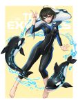  1girl ahoge aqua_eyes barefoot black_hair breasts diving_suit full_body highres index_finger_raised looking_at_viewer masami_chie official_art orca parted_lips short_hair small_breasts smile teeth tokyo_exe_girls wetsuit 