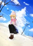  1girl absurdres blonde_hair blue_ribbon blue_skirt blue_sky blush boots clouds day fate/stay_night fate_(series) green_eyes highres ice_spirit_tarot knit_hat pantyhose pink_scarf ribbon saber scarf skirt sky solo squatting sweater winter 