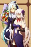  2girls blonde_hair blue_hair blush bouquet breasts cake choker cleavage closed_eyes dress eating elbow_gloves eyebrows_visible_through_hair eyes_visible_through_hair fate_(series) flower food gloves hair_flower hair_ornament jeanne_alter lancer_(fate/prototype_fragments) long_hair maid multiple_girls oiun plate ponytail ruler_(fate/apocrypha) smile spoon_in_mouth strapless strapless_dress thigh-highs 