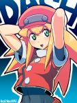  1girl blonde_hair bodysuit breasts covered_navel green_eyes hat long_hair open_mouth red_shorts rockman rockman_dash rog_rockbe roll_caskett shorts smile solo 