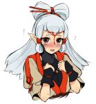  1girl bangs blush brown_eyes hair_ornament long_hair looking_at_viewer paya_(zelda) pointy_ears simple_background solo the_legend_of_zelda the_legend_of_zelda:_breath_of_the_wild utsugi_(skydream) white_hair 