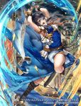  1girl armor armpits bangs belt black_hair blue_eyes boots company_connection copyright_name dress fire_emblem fire_emblem:_seisen_no_keifu fire_emblem_cipher holding holding_weapon indoors itou_misei knee_boots lakche_(fire_emblem) looking_at_viewer official_art open_mouth short_hair shoulder_armor side_slit solo sword weapon 