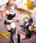  &gt;:) 2girls ahoge armpits bare_arms bare_shoulders belt black_dress black_legwear black_shirt black_shorts blurry breasts brown_hair camisole cleavage closed_mouth collarbone depth_of_field dress drink fate/grand_order fate_(series) food french_fries groin hamburger highres holding holding_food hot_dog incoming_food jacket jeanne_alter jewelry ketchup long_hair looking_at_viewer low_ponytail medium_breasts multiple_girls navel necklace onion_rings open_clothes open_jacket pov_feeding ruler_(fate/apocrypha) saber saber_alter shirt short_dress short_shorts shorts silver_hair socks stomach suishougensou thigh-highs thigh_gap thighs toned yellow_eyes 