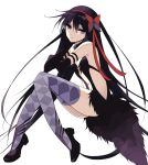  10s 1girl absurdres akemi_homura akuma_homura bare_shoulders black_hair breasts chin_rest cleavage hair_ribbon highres long_hair mahou_shoujo_madoka_magica mahou_shoujo_madoka_magica_movie misteor navel red_ribbon ribbon side_slit small_breasts thigh-highs thighs violet_eyes white_background 