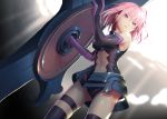  1girl armor armored_dress elbow_gloves fate/grand_order fate_(series) from_below gloves highres holding_shield light_rays looking_away navel open_mouth purple_hair segamark shield shielder_(fate/grand_order) short_hair standing thigh-highs violet_eyes 